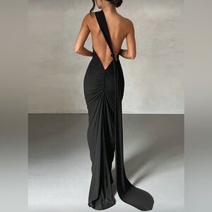 Black Ruched Backless Evening Dress